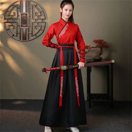 Vestido chino antiguo Hanfu Kimono negro blanco rojo hanfu vestidos bordado artes marciales estilo chino danza disfraces Cosplay 240130