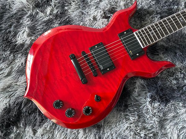 Guitarra eléctrica china audio M tapa de arce flameado cuerpo de caoba de color rojo y mástil de arce herrajes negros