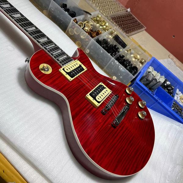 Guitarra eléctrica china, diapasón de palo de rosa, cuerpo de caoba, tapa de arce tigre, color rojo, guitarra de 6 cuerdas a la derecha