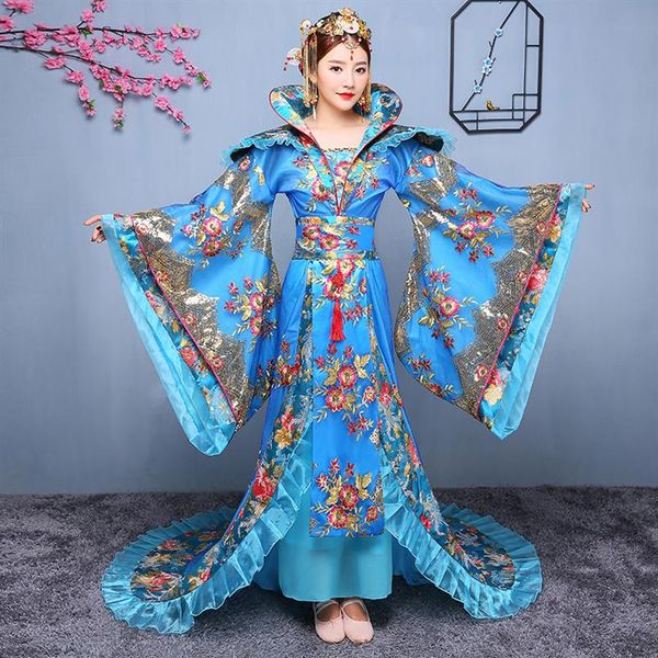 Costume de fée chinoise Les vêtements de danse folklorique hanfu de la dynastie Tang anciens traînant la robe de princesse de luxe royale film TV performance s321c