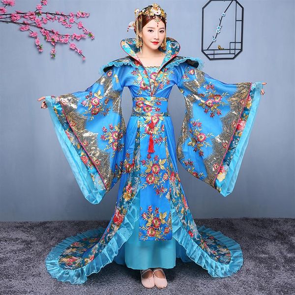 Traje de hada china La dinastía tang antigua hanfu ropa de baile folclórico que se arrastra vestido de princesa de lujo real película TV rendimiento s202d