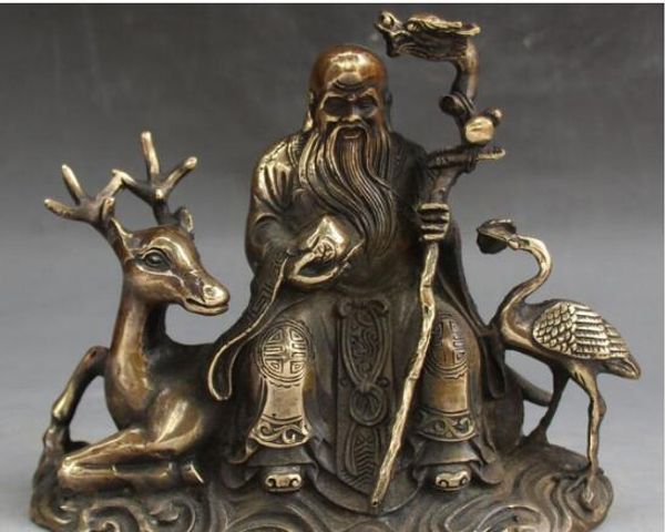 Chinois Fengshui Bronze cerf rouge couronné grue richesse dieu Mammon argent Statue