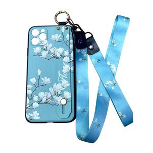 Flor china y hierba Fundas para teléfonos móviles Muñequera Cordón para el cuello Relieve Silicona TPU Funda blanda Soporte para teléfono Apple Funda protectora para Iphone 14 Pro Max plus 13 12 11