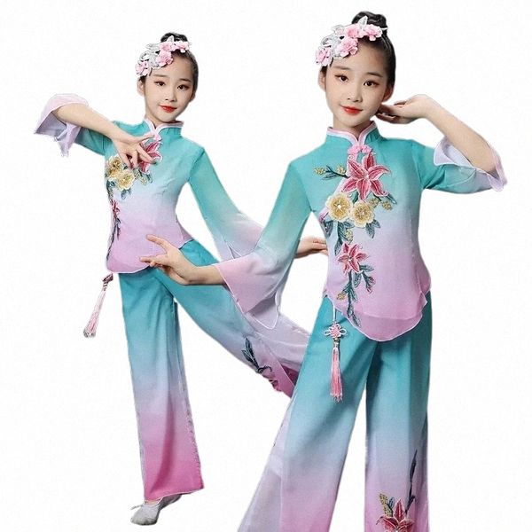 Trajes de danza folclórica china, trajes de danza clásica para niñas, trajes de Yangko con manga Lg, ropa Hanfu, ropa de bailarina con paraguas para escenario F1R3 #