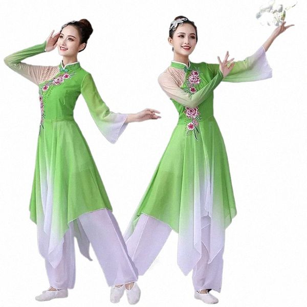 Trajes de danza folclórica china clásica Yangko danza adulto elegante bordado traje de abanico antiguo Hanfu ropa danza cuadrada k4es #