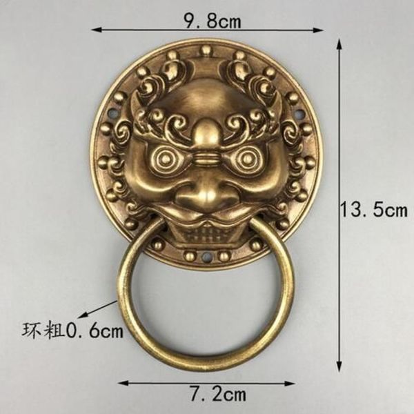 Chinois Folk Feng Shui vieux Bronze cuivre Foo Fu chien tête de Lion heurtoir de porte 3434