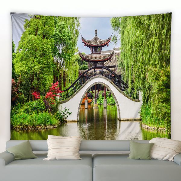 Paysage de jardin chinois tapisserie printemps vert bambou arc pont de la nature.