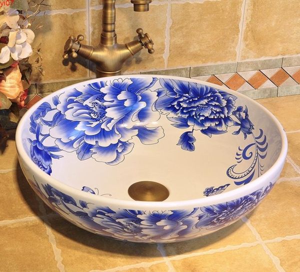 Arte chino Pinteado porcelana Blue Basins Fregaderos con mariposa amor diseño de flores