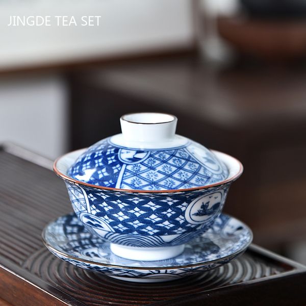 Chinois peint à la main bleu et blanc porcelaine gaiwan voyage à thé bol maison maison faite à la main