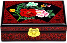 Caja de madera retro de trabajo a mano chino Pintura de 2 capas Pintura de flores Joya de boda con Mirror Hermoso Cajas de almacenamiento de cajas de exhibición