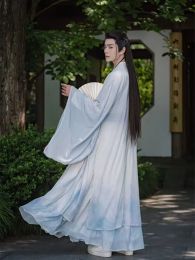 Chinois Hanfu Men Halloween Ancient Scholar Cosplay Costume Costume vintage Hanfu Blue Shirt + Jupe + Veste 3PCS SETS Plus taille 2xl