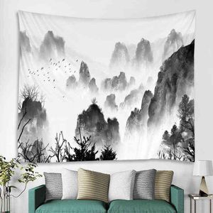 Pintura colgante china Tinta Flor y estampado de aves Alfombra de poliéster Dormitorio Sala de estar Fondo de tela Tapiz J220804