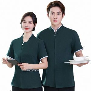 Vêtements de travail chinois pour serveur de Restaurant, vêtements de travail courts pour femmes, uniforme de livraison de nourriture d'hôtel d'été pour hommes, demi-manches P561 #