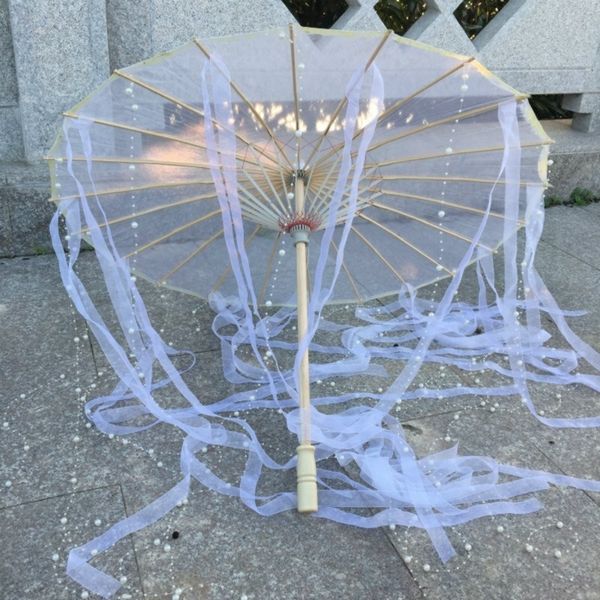 Paraguas de tela de seda de papel engrasado de hilo japonés chino, paraguas de princesa china antigua, paraguas artesanal blanco de Drama, Cosplay 210320