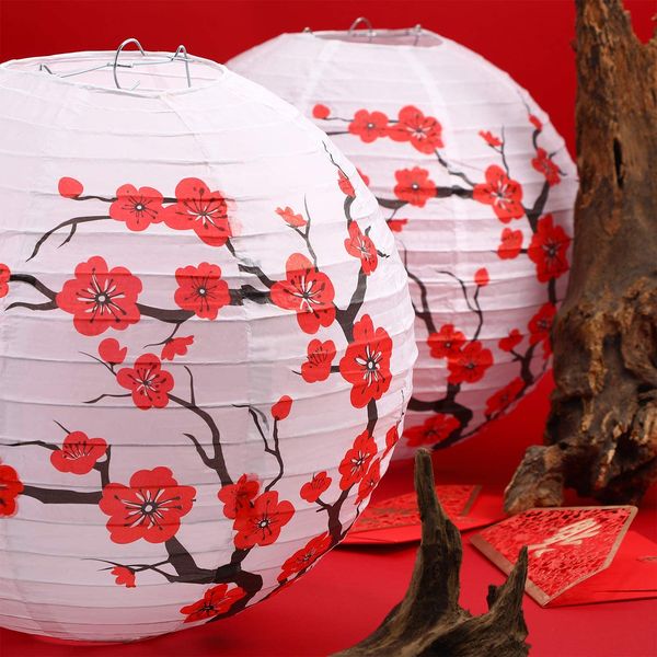 Chino japonés rojo flores de cerezo linterna de papel blanco redondo chino japonés lámpara de papel para decoración de fiesta de boda en casa, 11.8 x 11 pulgadas