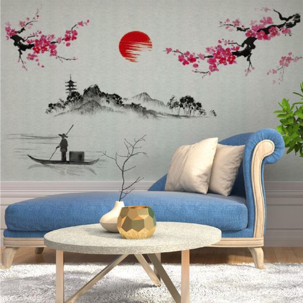 Paysage chinois montagne-rivière peinture à l'encre calligraphie sticker mural maison papier peint affiche art salon mur graphique100x130cm