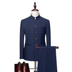 Costume 2 pièces pour hommes chinois (veste de sport + pantalon) automne nouvelle veste et pantalon rétro pour hommes de marque bleu noir rouge plus M-6XL X0909