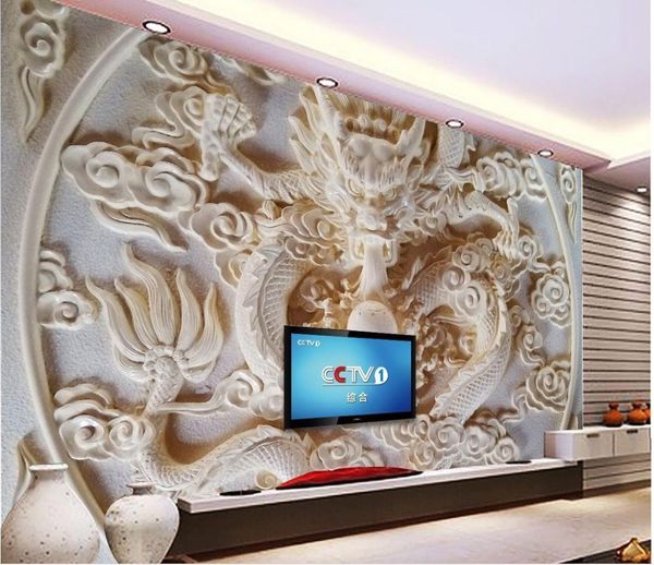 Papier peint mural chinois en Relief de Dragon, papier peint photo personnalisé stéréoscopique 3D, mur de fond de télévision pour salon