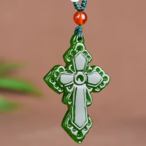 Collier pendentif croix de Jade vert naturel chinois, breloque sculptée à la main, bijoux en jadéite, amulette porte-bonheur à la mode, cadeaux