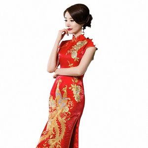 Nouvel an chinois femmes vêtements mariée lg dr rouge paillettes broderie chegsam qipao mariage grande taille femme glisser Phoenix 16So #