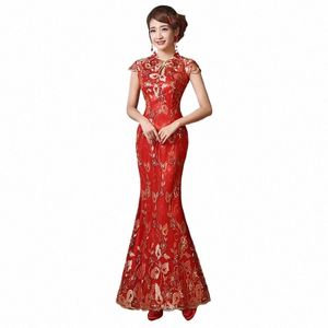 Chinese nieuwe jaar vrouwen kleding borduren lg dr rode chinese zeemeermin staart bruiloft kant chegsam qipao plus Size hanfu v9Ju #