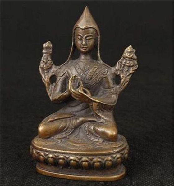 Antiguo bronce chino tallado budismo tibetano Je Tsongkhapa estatua de Buda