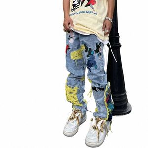 Peinture chinoise Patch brodé Denim Jeans déchirés pour hommes Streetwear Wed détruit plissé droit Jean mâle glands u8p7 #