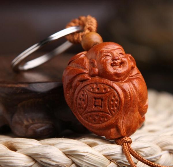 Madera de Durazno china tallada Maitreya Buda feliz moneda dinero exquisito colgante de llavero de coche