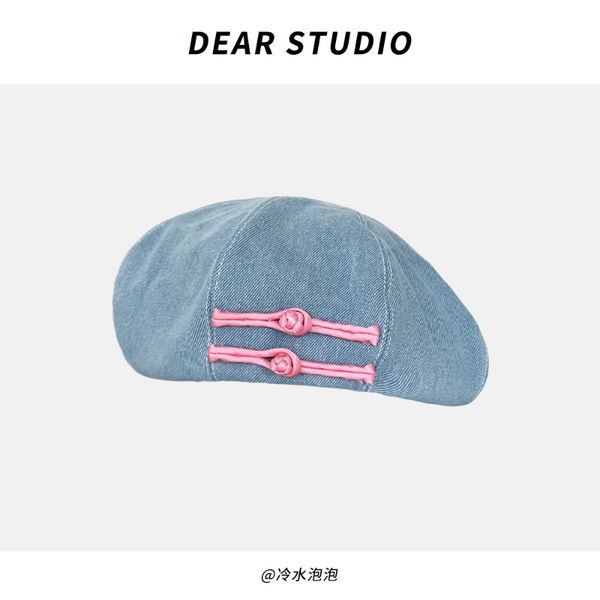 Chinois rose bouton Denim bérets printemps et été mince voyage Photo polyvalent spectacle visage petites casquettes de peintre littéraire pour les femmes