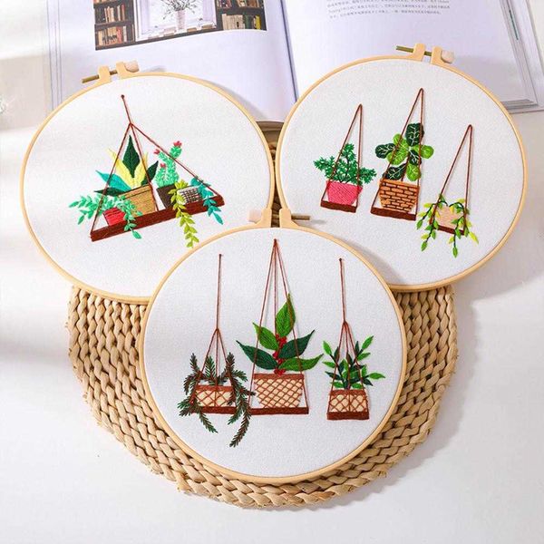 Produits chinois bricolage broderie à la main, démarreur d'art, y compris tissu à broder avec motifs de plantes, outils de fils colorés