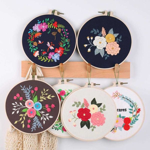 Démarreur de broderie de produits chinois avec Instructions de motif, ensemble de points de croix, fleurs et plantes estampillées, Kits de broderie avec cerceaux