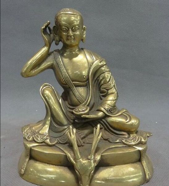 Statue de bouddhisme chinois en laiton pur, Arhat Milarepa, tête de cerf
