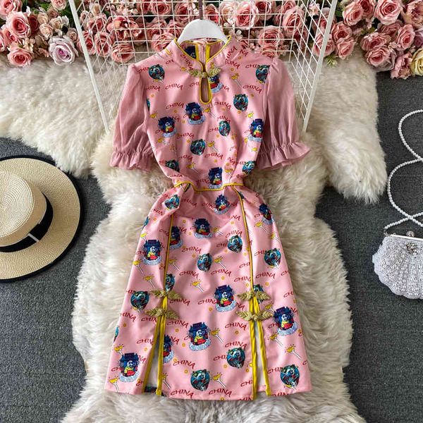 Chinois Qipao Filles Satin Cheongsam Manches Bouffantes Brodé Boucle Imprimé Sexy Split Rose Robes Summer Party Robe Courte 210416