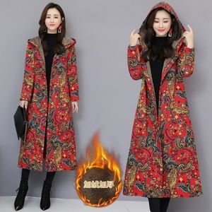 Chinois rouge floral femmes hiver longue veste vintage doublure en polaire manteau d'hiver rembourré femme fleur bleue parka dames coupe-vent 201125