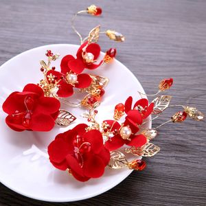 Chinese Red Flower Bride Hair Pins Headpiece Hair Jewelry Women Girl Hairpin Tiara Barrette Bridal Wedding Hair Accessories