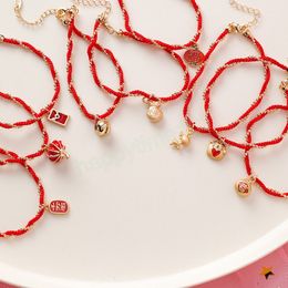 Chinees rood touw gevlochten armband voor vrouwen koper bead dier katten bel hanger touw ketting paar geluksarmband sieraden cadeau