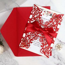 Carte d'invitation de mariage rouge chinois paillette laser en dentelle de vœux de la carte de voeux de fête de fête de la carte de fête d'invitation avec enveloppe