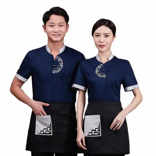 Restaurante chino Camarero Uniforme para hombres Hot Pot Servicio de comida Ropa de trabajo Casa de té Cocina Catering Verano Camarero Monos U6qW #