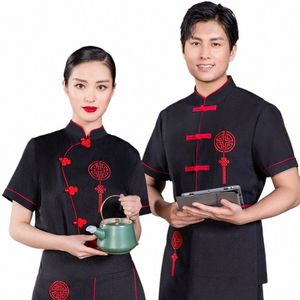 Uniforme de serveur de restaurant chinois pour femme, salopette du personnel d'été de l'hôtel, uniforme de serveur de café, veste de chef de service alimentaire Hot Pot L7Rx #