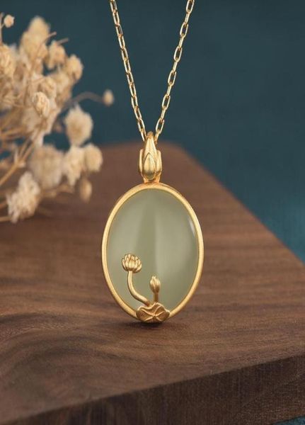 Pendentif Lotus rond en or incrusté de Jade, Style cour rétro chinois, collier classique pour dame, bijoux cadeau, Necklaces4858157