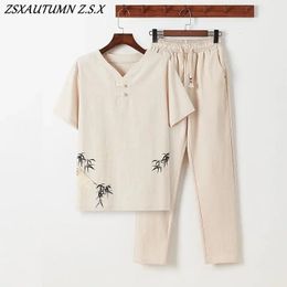 Chinese retro-stijl Tang Suit Men Set Linnen Zen Tea T-shirt Topbroek Kung Fu Uniform Oosterse mode Casual losse t-shirt broek 240415