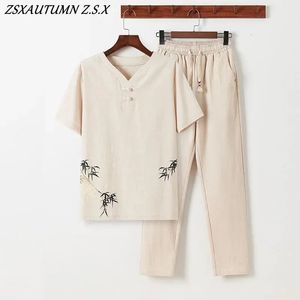 China Retro Style Tang Suit Men Set Linen Zen Tea Tee Top Pants Kung Fu Uniforme Oriental Fashion Camiseta Camiseta suelta Biros 240415