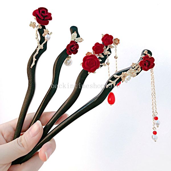 Palitos de pelo de rosas chinas para mujer, horquilla de madera de estilo chino, palillos para el pelo, tocado con horquillas