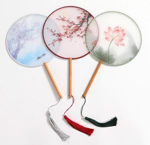 Chinese Round Hand Fan Vintage Printing Silk Fan Ancient Tassel Dance Hand Fan Cheongsam Tang Suit Wedding Party Accessories