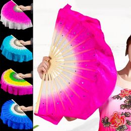 Éventail de danse du ventre court chinois 30cm bambou 10cm demi-cercle paires de voile de soie Yangko danse pliante ventilateurs à main adultes accessoires de spectacle