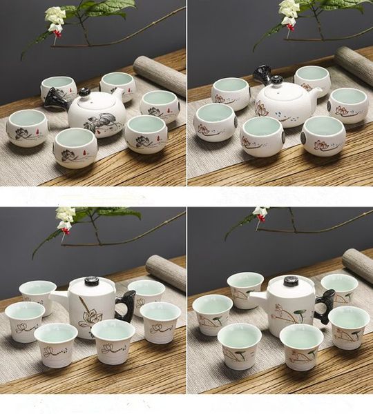 Service à thé kungfu glacé aux flocons de neige chinois, pot à 7 têtes en céramique, joli emballage de boîte-cadeau