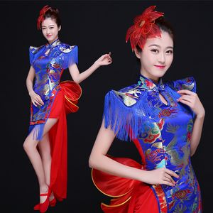 Ropa de escenario chino, traje étnico, traje de percusión, ropa de actuación de danza clásica, ropa de baile de abanico Cheongsam de danza moderna para mujer