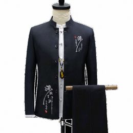 Blazers d'automne de style chinois Coat Men's Spring Automne Automne Cascured Stand Collar Brodemery Suits pantalon Pantalon 2pcs Set Q6CG #