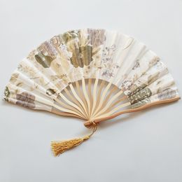 Chinese stijl Bamboo Holding Folding Fan Satin Fabric Floral Hand Fan Tassel Vintage Patroon Dance Performance Party Favor MJ0588