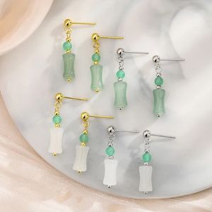 Chinese Stijl Bamboe Joint Hotan Jade Oorhaak Oorbellen voor Vrouwen Meisjes Delicate Elegante Ronde Kraal Bamboe Jade Dangle Oorbellen